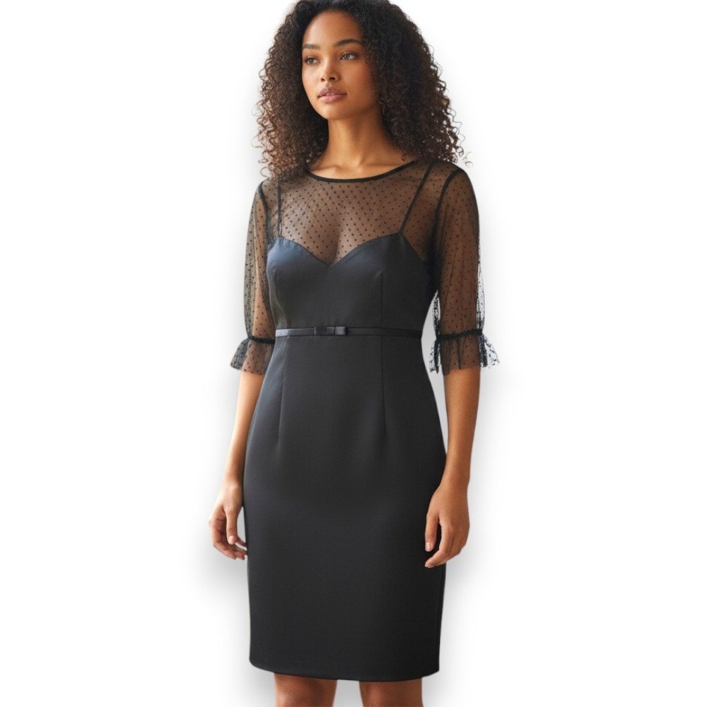 Tahari ASL Black‎ Sheer Polka Dot Sleeve Cocktail Dress Size 8